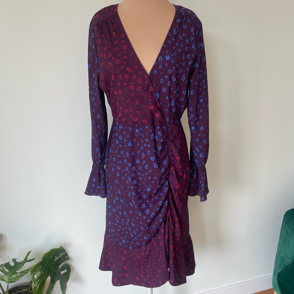 Parker Noni Cobalt Leopard Purple Long Sleeve V-Neck Ruffle Faux Wrap Dress Sz 6